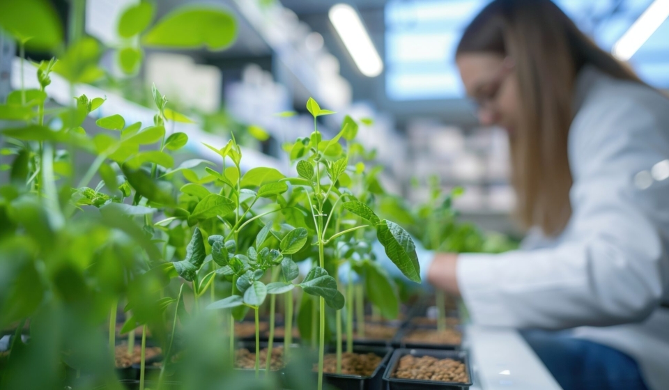 Agricultural scientist examining small plants growing in pots inside a controlled laboratory environment, conducting research for plant growth and development