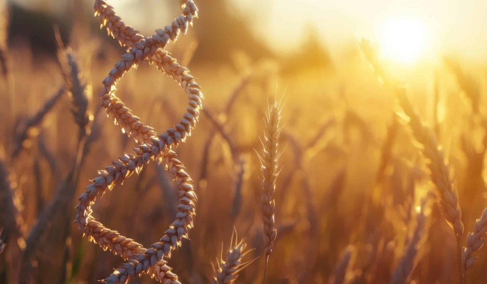 DNA helix representation symbolizing genome editing or genetic engineering over a field of wheat crops